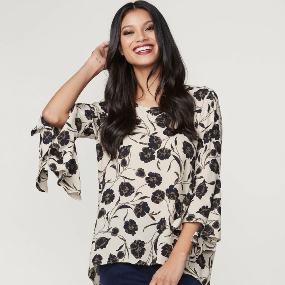 [5x$25] ⭐️ LC Lauren Conrad Floral Black Top 3/4 Bell Sleeve Blouse Extra Large